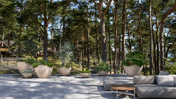 Serene forest terrace adorned with elegant Atelier Vierkant planters. Sculptural clay pots in varying sizes and organic shapes complement the natural pine setting, showcasing the Belgian brand's artisanal craftsmanship and harmony with nature.